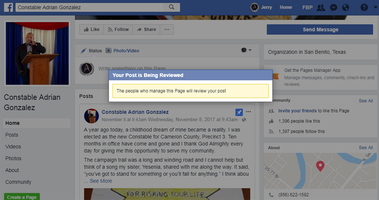 Cameron County Precinct 3 Constable Adrian Gonzalez censors his social media sites